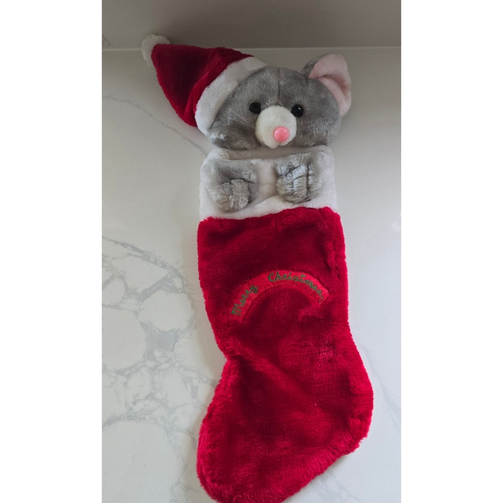 Vintage Merry Christmas Plush 3D Mouse Faux Fur Holiday Stocking Santa Hat
